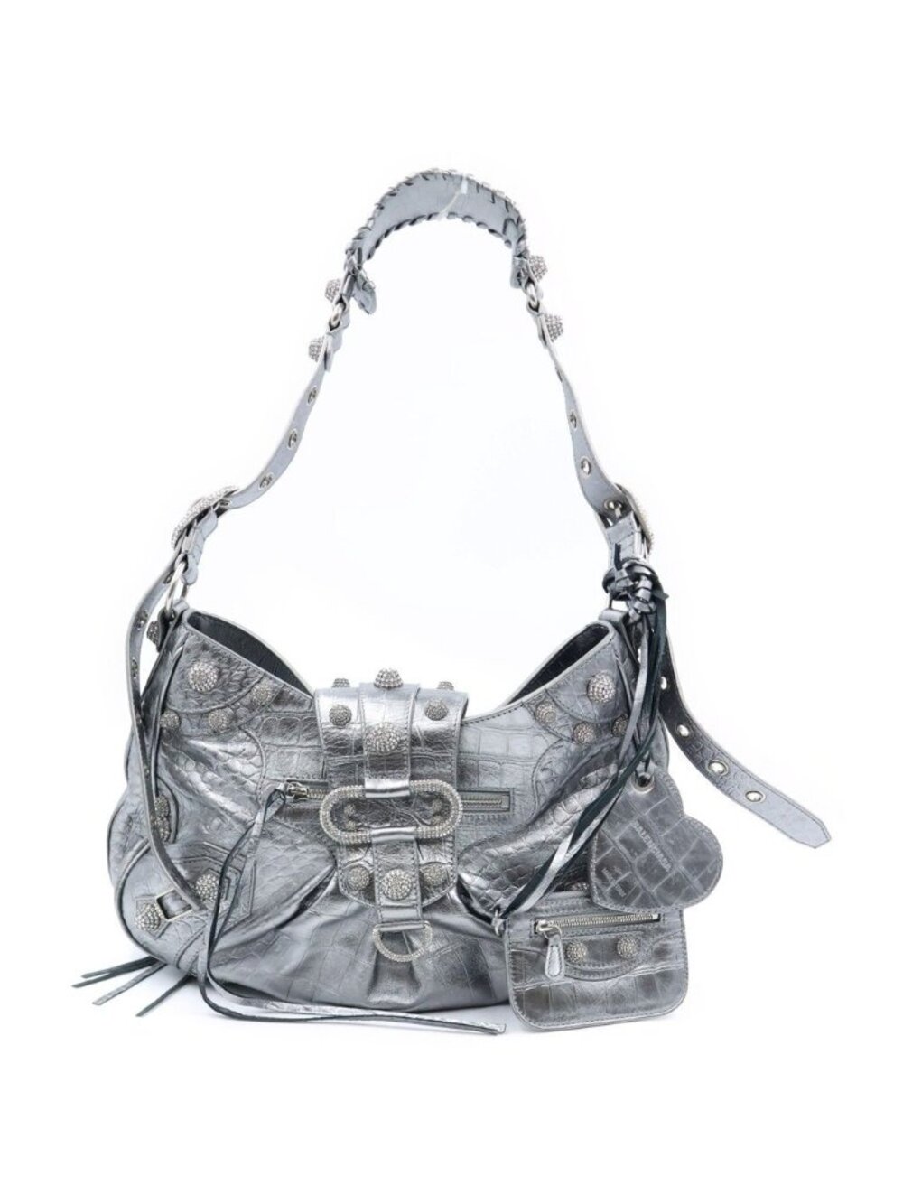Balenciaga Neo Cagole Croco Embossed Rhinestone Decoration Handbag Silver